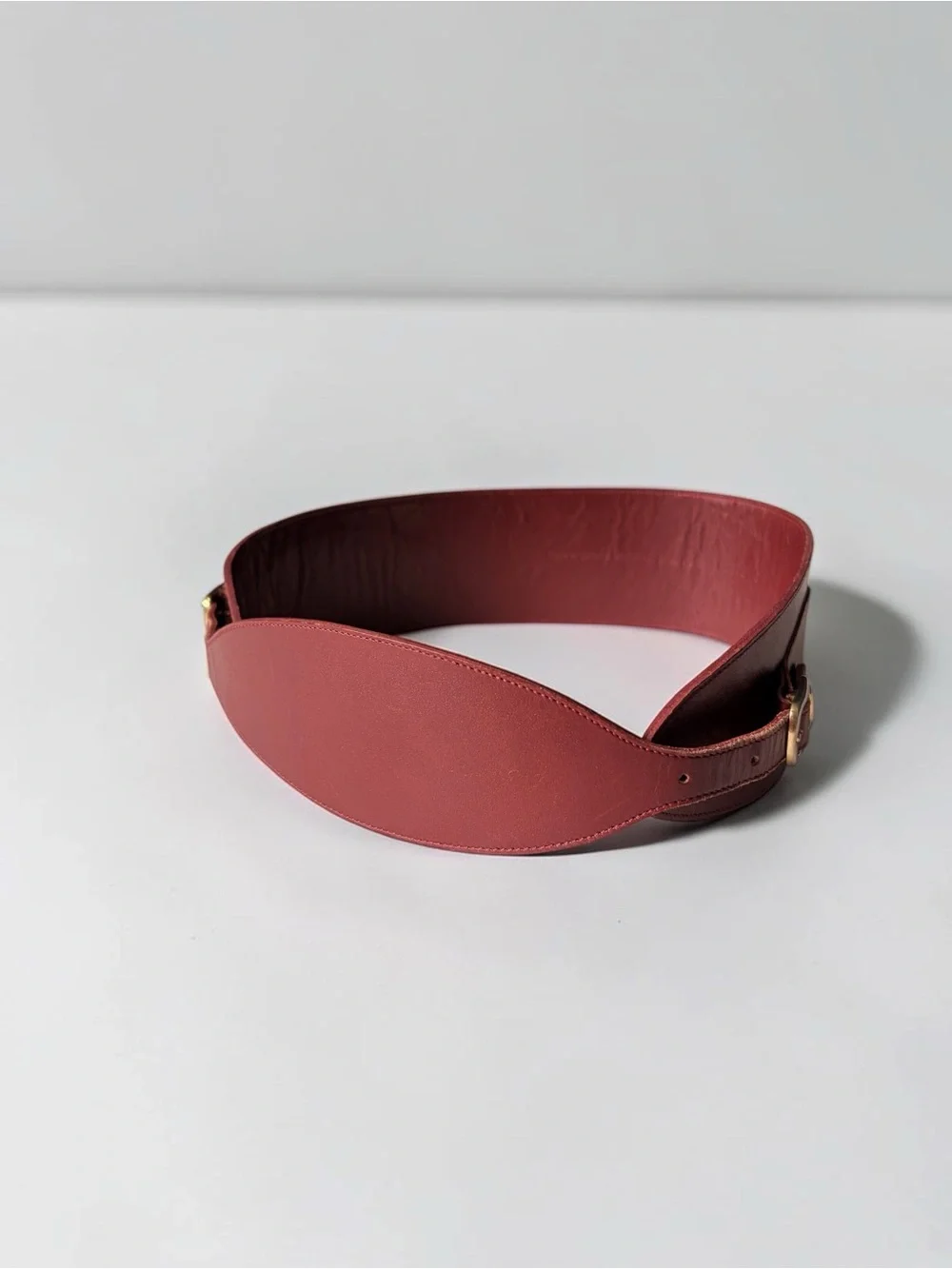Vintage 80s Phillippe Wide Burgundy Leather Waist Belt with Gold Buckle Sz Small